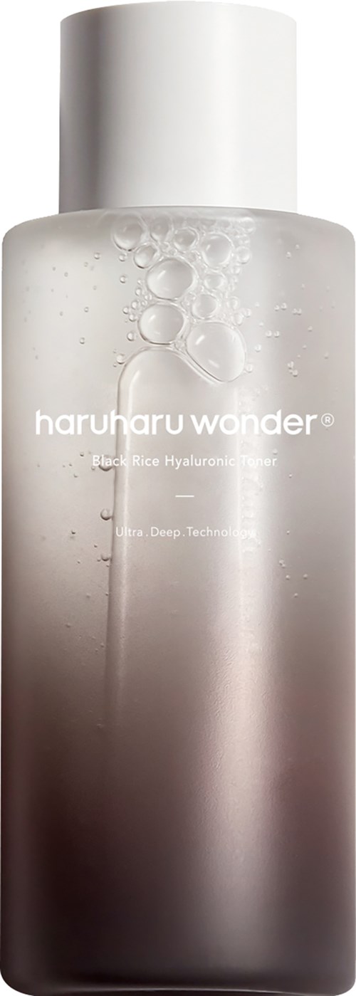 Läpinäkyvä pullo, jossa valkoinen kansi, sisältää kirkasta nestettä ja kuplia, merkinnällä 'haruharu wonder'.