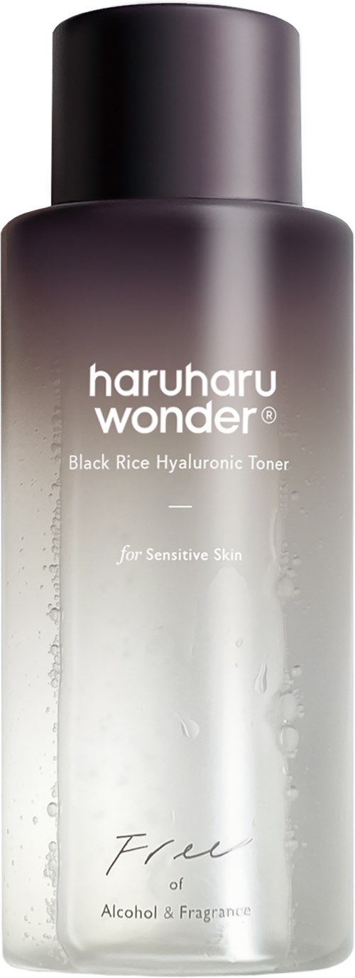 A black and white bottle labeled 'haruharu wonder' with 'Black Rice Hyaluronic Toner' for sensitive skin.