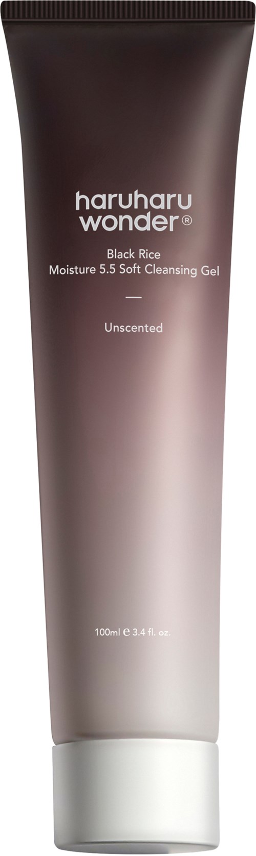 Pitkä, ruskeasävyinen putki, jossa valkoinen kansi, ja teksti 'haruharu wonder' ja 'Black Rice Moisture 5.3 Soft Cleansing Gel'.