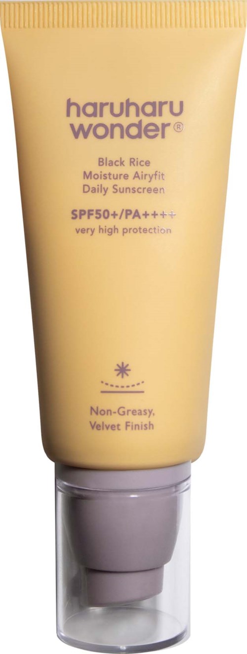 Yellow tube of sunscreen with purple text, labeled 'haruharu wonder' and SPF50+ protection.