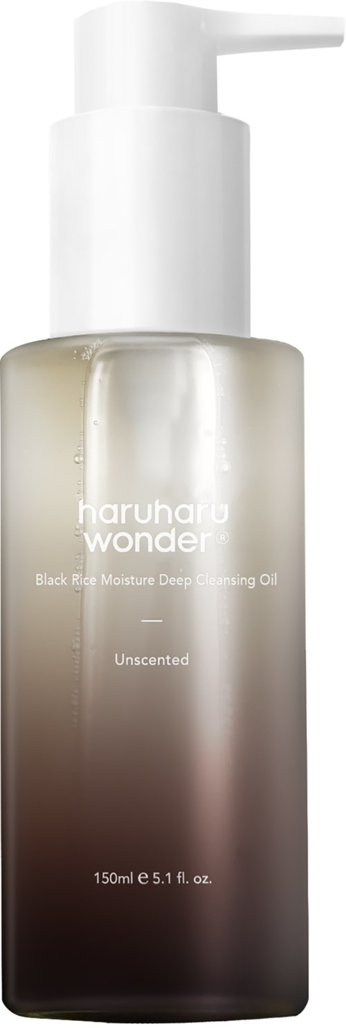 A bottle of Haruharu Wonder Black Rice Moisture Deep Cleansing Oil, labeled 'Unscented,' contains 150ml.