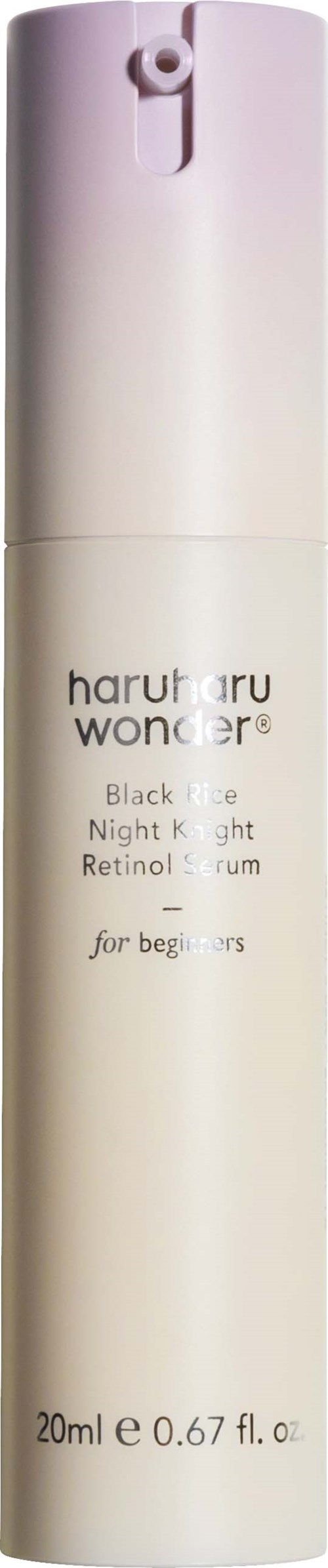 A white spray bottle with a purple nozzle, labeled 'haruturu wonder' for nighttime retinol serum for beginners.