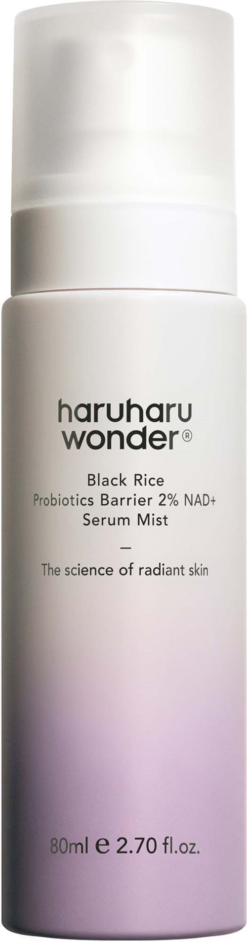 A white bottle with a pump, labeled Haruharu Wonder Black Rice Serum Mist.