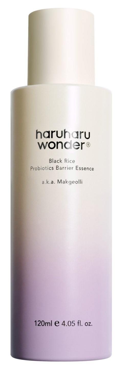 A white bottle of Haruharu Wonder Black Rice Probiotics Barrier Essence, with a white cap, size 120ml.