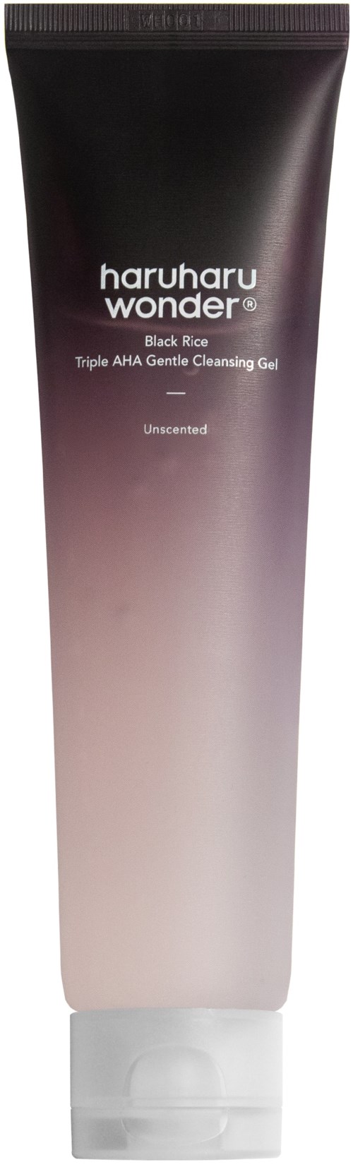 A black to white gradient tube labeled 'haruharu wonder' with 'Black Rice' and skincare details, standing upright.
