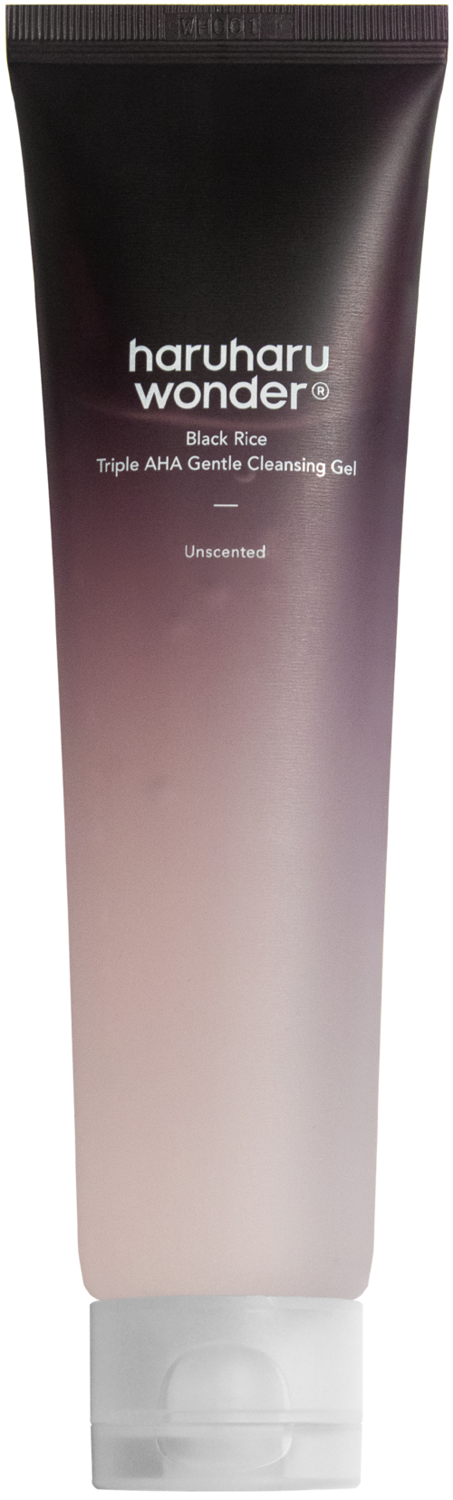 A black and white tube of facial cleansing gel from Haruharu Wonder, named Black Rice Triple AHA Gentle Cleansing Gel.