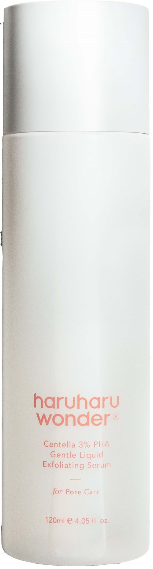 Eine hohe weiße Flasche mit pinkem Text, Beschriftung 'haruharu wonder', enthält Hautserum für das Gesicht.