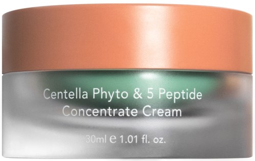 A jar of cream labeled 'Centella Phyto & 5 Peptide Concentrate Cream,' with a pink lid and silver container.