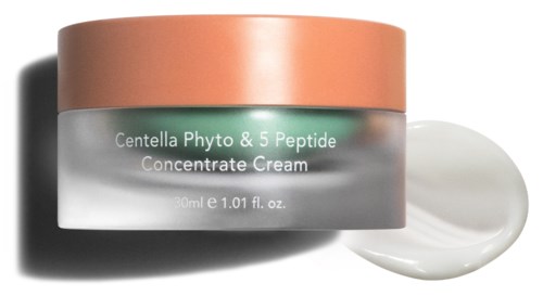 A jar of skincare cream labeled as Centella Phyto & 5 Peptide Concentrate Cream, with a small amount of cream on side.