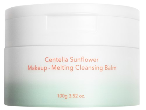 A white jar of Centella Sunflower Makeup Melting Cleansing Balm, 100g, with minimal design and orange text.