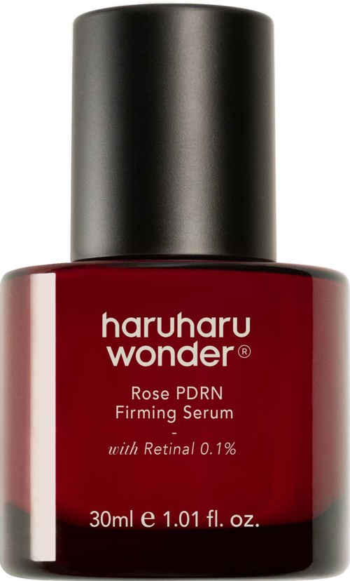 Red bottle with black cap, labeled Haruharu Wonder Rose PDRN Firming Serum, mentions Retinal 0.1%, 30ml.
