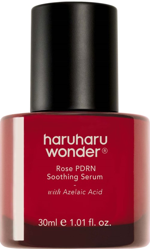 A small red bottle with a black cap, labeled Haruharu Wonder Rose PDRN Soothing Serum with Azelaic Acid.