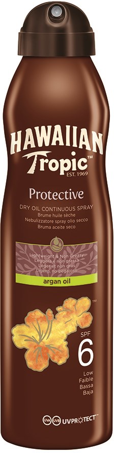 En brun sprayflaska märkt "Hawaiian Tropic Protect" med arganolja och hibiskusblommor.