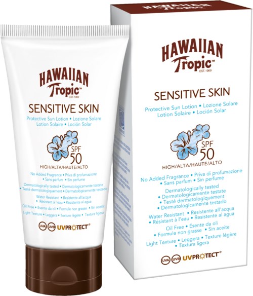 Hawaiian Tropic Sensitive Skin aurinkovoide SPF 50, putkissa ja pakkauksessa, suojaa auringolta ja on dermatologisesti testattu.