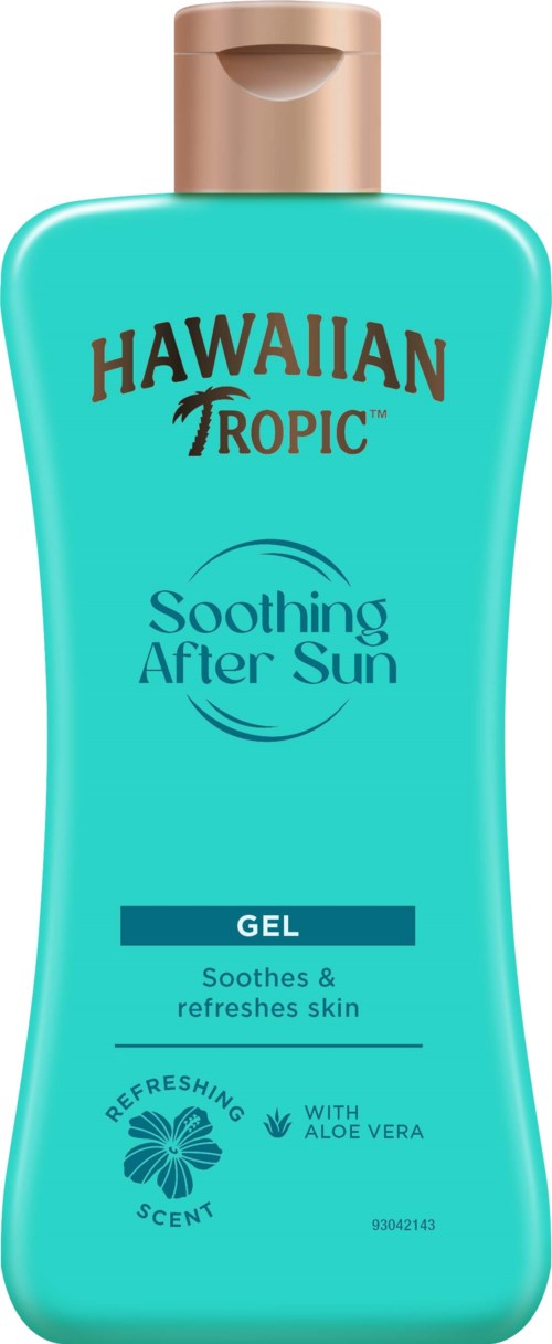 A turquoise lotion bottle with a brown cap, labeled 'Hawaiian Tropic Soothing After Sun Gel', featuring a flower and aloe vera.