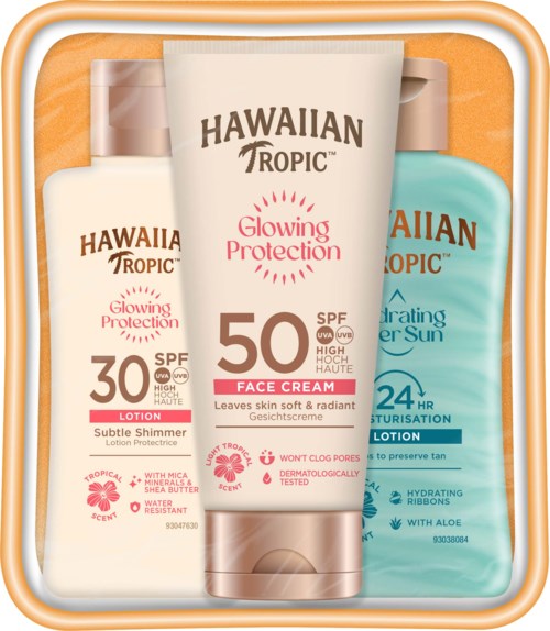 Drie Hawaiian Tropic huidverzorgingsproducten: SPF 30 lotion, SPF 50 gezichtscrème, SPF 24 lichaamslotion.