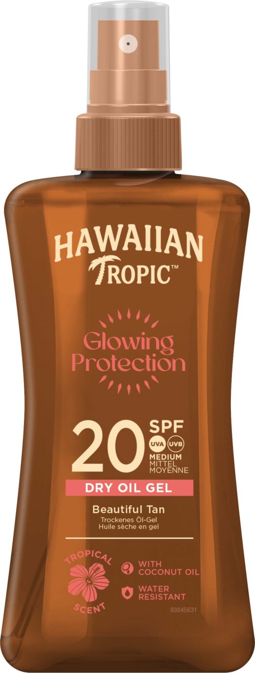 Een bruine sprayfles met Hawaiian Tropic zonnebrandcrème met SPF 20, gemarkeerd als droge sprayolie met tropische geur.