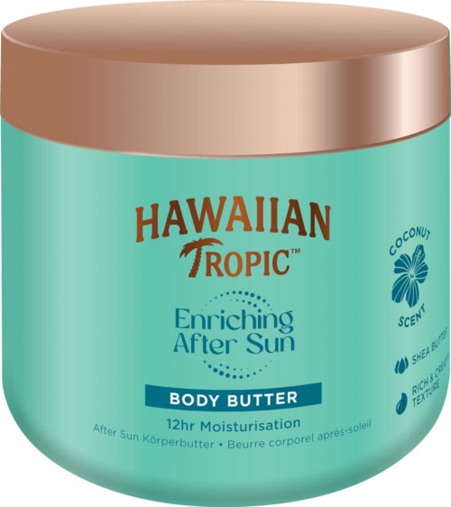 Een ronde container met een beige deksel, gemerkt Hawaiian Tropic, met een blauwgroene kleur en beschrijvingen van lichaamsboter.