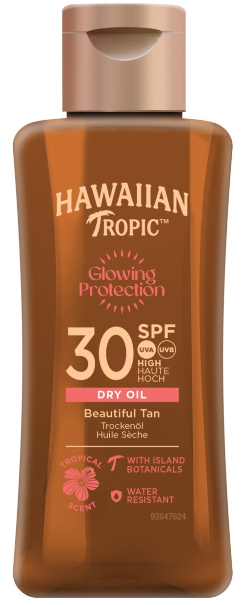 Een fles Hawaiian Tropic Glowing Oil Tanning Oil met vitamine E en tropische geur.