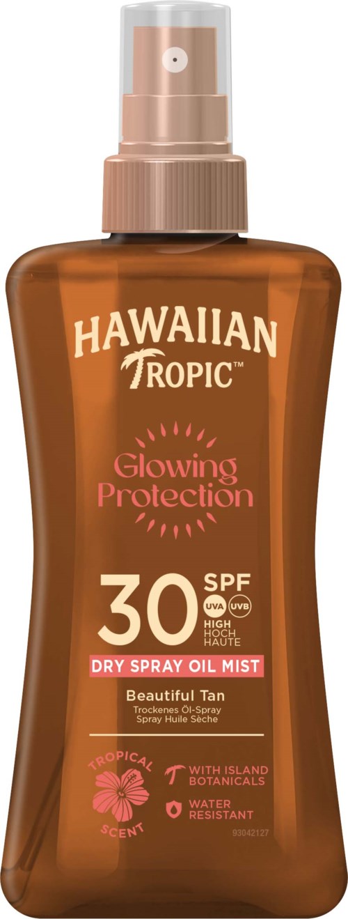 Bruine spuitfles met Hawaiian Tropic SPF 30, voor zonnebescherming, bevat droge spray olie mist.