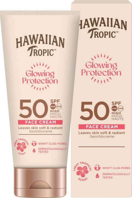 Hawaiian Tropic gezichtscreme met SPF 50, geeft stralende bescherming, droogt de huid en is dermatologisch getest.