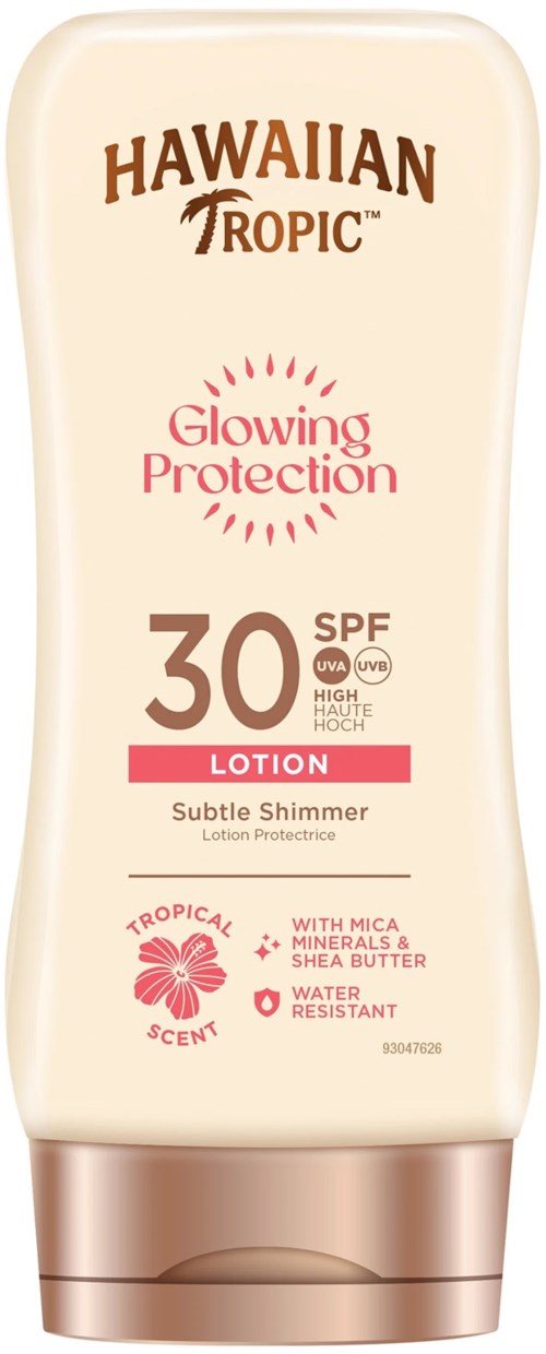 Lotionfles met SPF 30, tropische geur, beschermt huid en geeft subtiele glans, bevat mica en sheaboter.