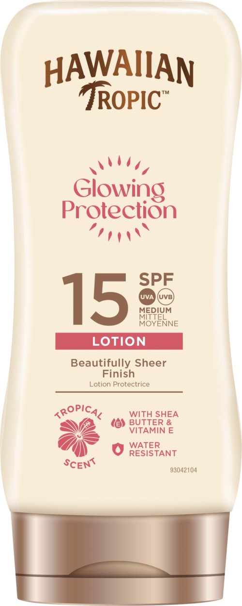 Hawaiian Tropic-lotion med SPF 15, glödande skydd, sheasmör, vitamin E och tropisk doft. Den är vattentålig.