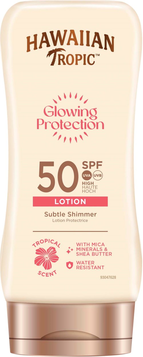 Een fles Hawaiian Tropic zonnebrandcrème met SPF 50, gloeiend bescherming, tropisch geur, waterbestendig en bevat mica.