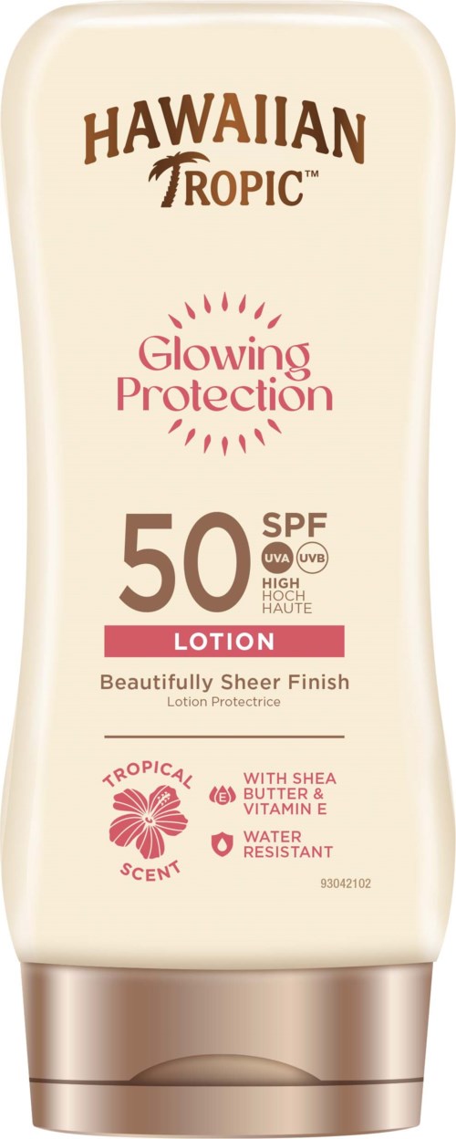 En lång flaska med Hawaiian Tropic-lotion med SPF 50, nämner lysande skydd, sheasmör, vitamin E och tropisk doft.