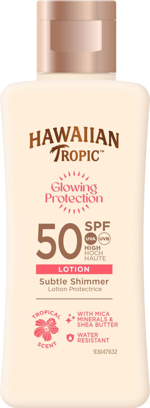 Fles Hawaiian Tropic zonnebrandcreme met SPF 50, bescherming en glans, tropische geur.