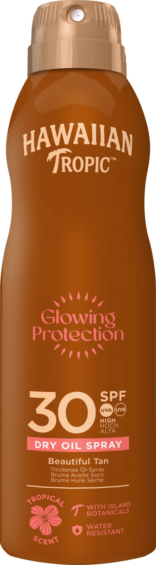 Bruine sprayfles met 'Hawaiian Tropic', SPF 30, voor droge olie, met symbolen van tropische bloem en eilandplant.
