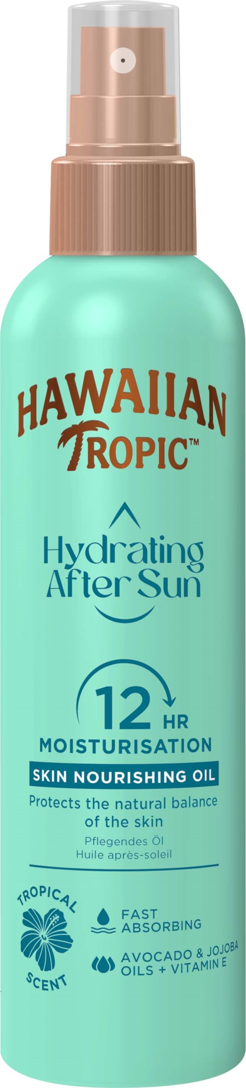 A light blue spray bottle with a brown cap labeled Hawaiian Tropic Hydrating After Sun, offers 12-hour moisture and contains nourishing oils.