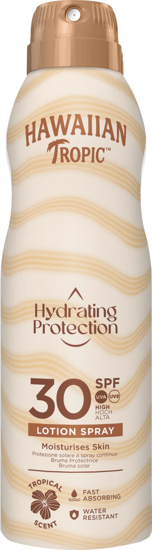 Hawaiian Tropic zonnespray fles, SPF 30, hydrateert, waterdicht en snel absorberend. Tropische geur. Beschermt de huid.