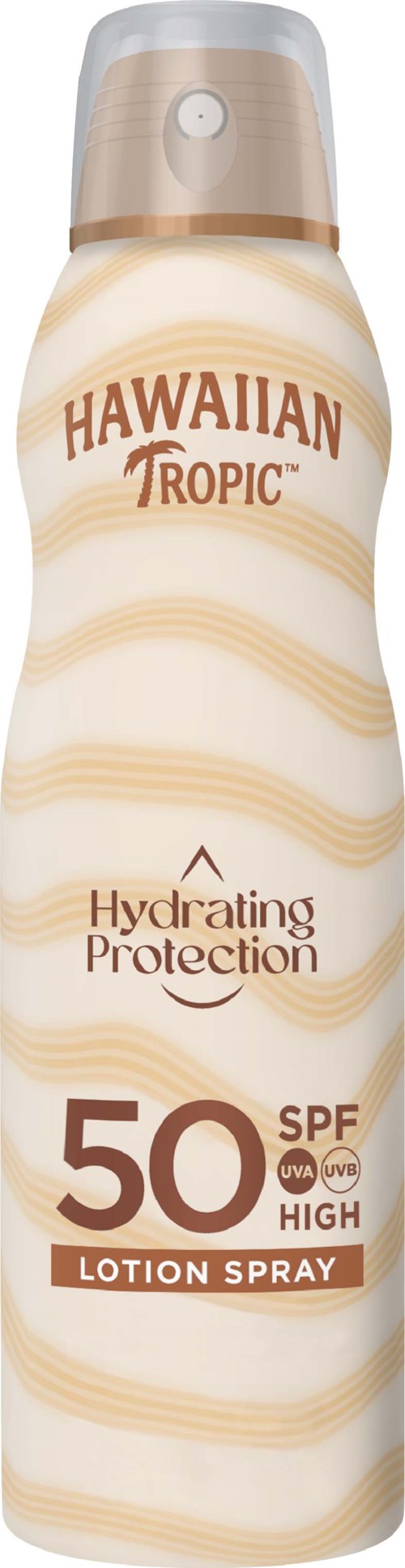 Een fles Hawaiian Tropic-lotion spray met SPF 50, bedoeld voor hydratatie en bescherming tegen de zon.