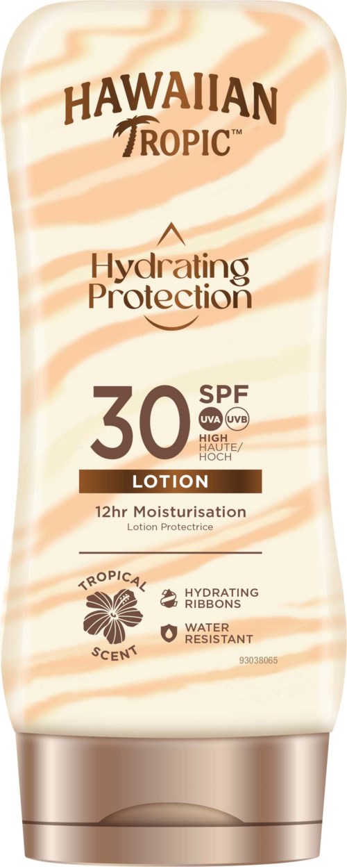 En flaska med Hawaiian Tropic-lotion med SPF 30, hydratiserande skydd och vattenavvisande. Den har tropiska dofter.