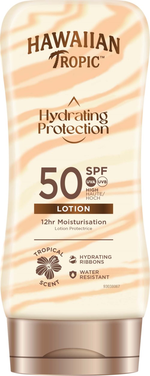 Hawaiian Tropic-lotion met SPF 50 biedt hydratatie en bescherming, waterafstotend, met tropisch aroma.