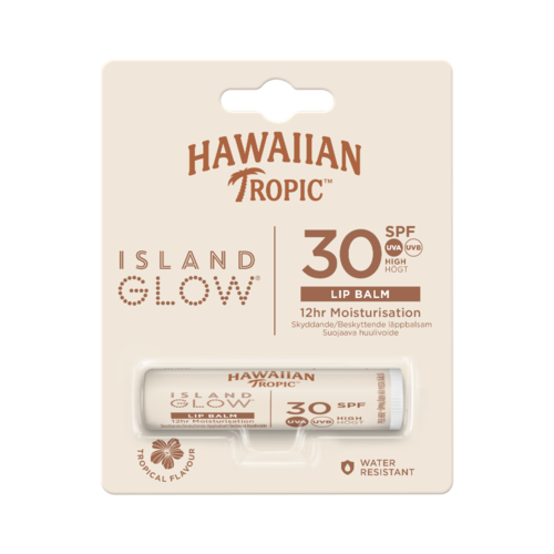 Hawaiian Tropic Island Glow leppepomade med SPF 30, fuktighetsgivende, vannavvisende, tropisk smak emballasje.