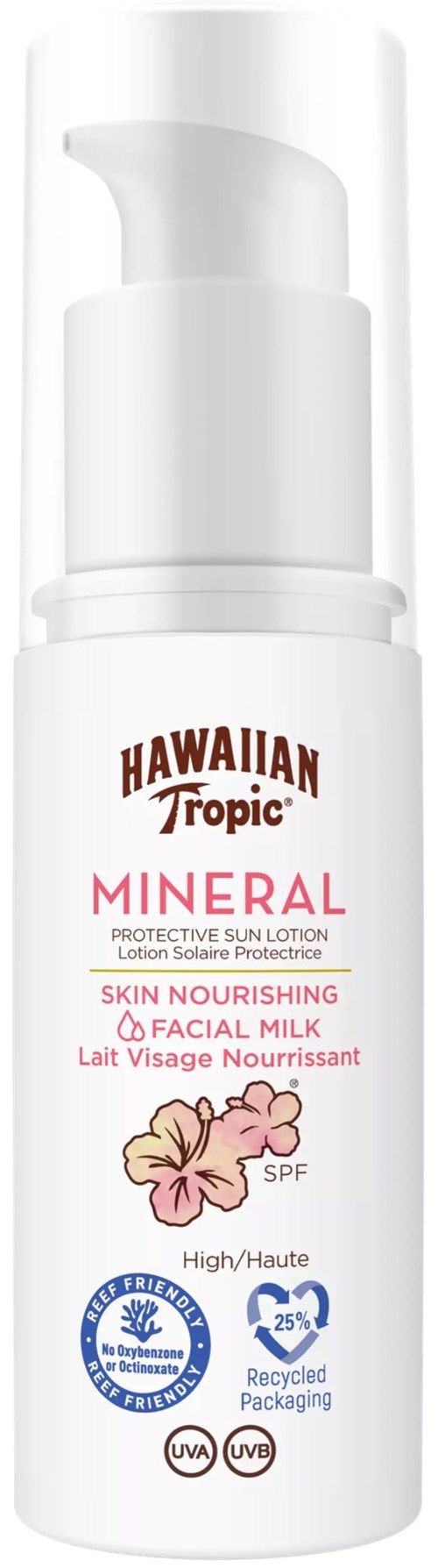 Een witte fles met pomp bevat Hawaiian Tropic Mineral gezicht en huidverzorgende gezichtsmelk met SPF.