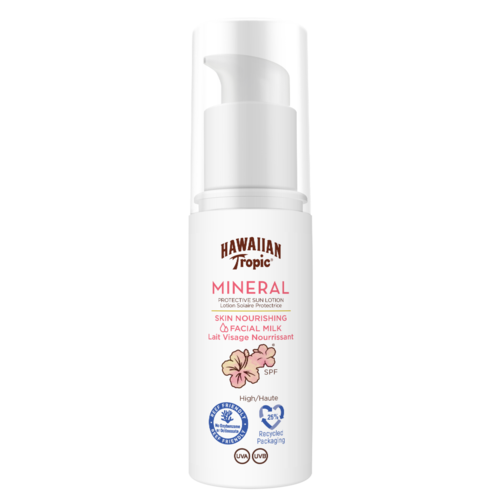 Een wit pompflacon Hawaiian Tropic Mineral gezichtscrème met SPF, met symbolen voor bescherming en recycling.