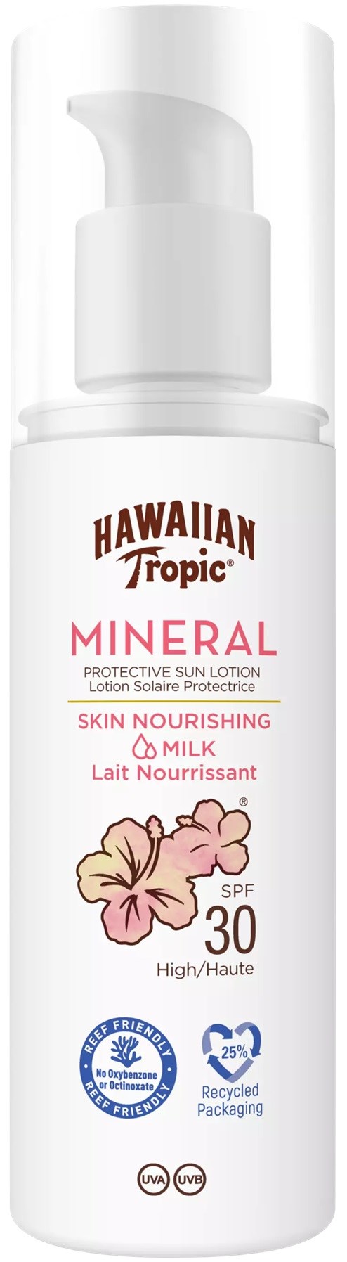 Een witte fles Hawaiian Tropic mineralenzonmelk met pomp, SPF 30, voor huidverzorging en bescherming.