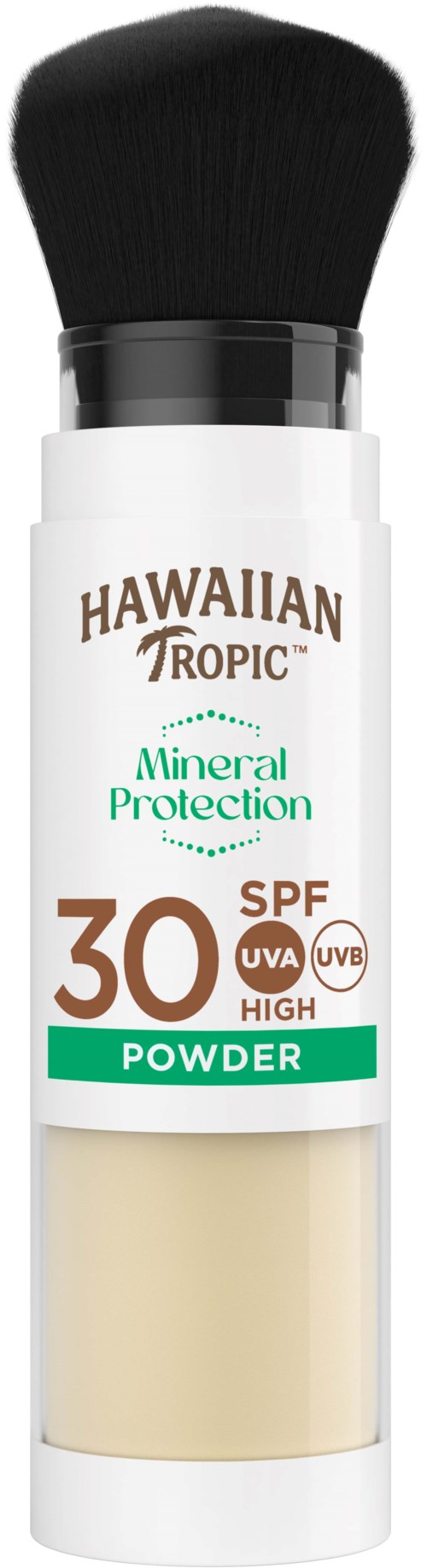 Eine weiße Flasche mit schwarzem Pinsel oben, gekennzeichnet Hawaiian Tropic Mineral Translucent Sun Protection Powder SPF 30.