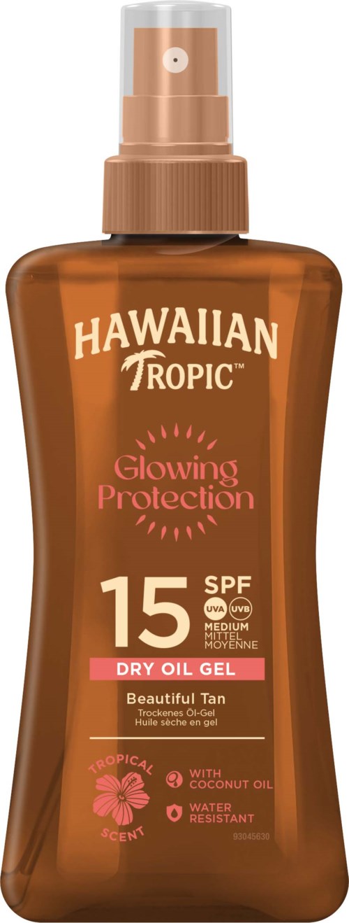 Een fles Hawaiian Tropic droog oliegel met SPF 15, kokosgeur en vochtinbrengende eigenschappen.