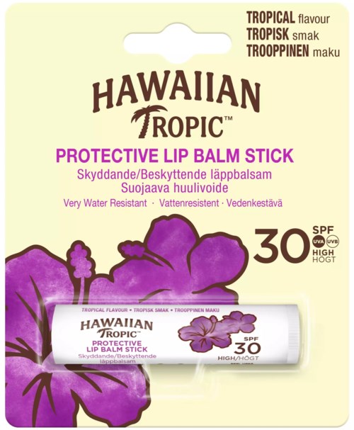 A Hawaiian Tropic lip balm stick packaging featuring purple hibiscus flowers, SPF 30 protection, and water resistance.