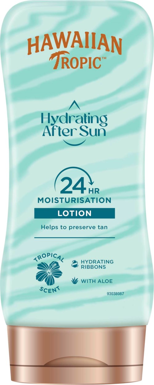 Hawaiian Tropic Lotion in hellblauer Flasche mit braunem Deckel, schützt vor Sonne. Es bewahrt Bräune und spendet Feuchtigkeit.