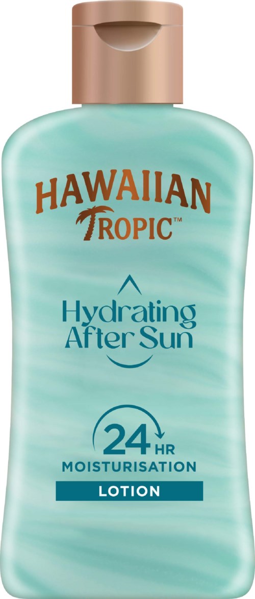 Eine hellblaue Flasche mit beigem Deckel, beschriftet 'Hawaiian Tropic Hydrating After Sun' mit 24-Stunden-Feuchtigkeitsangabe.