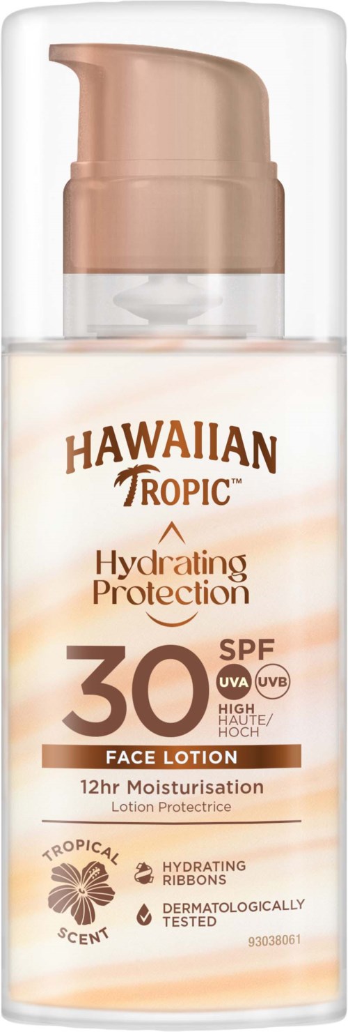 Fles Hawaiian Tropic gezichts-lotion met SPF 30, hydraterende bescherming en tropische geur.
