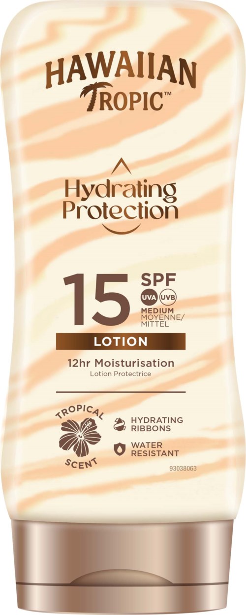 Lotionfles met Hawaiian Tropic, SPF 15, hydraterende bescherming, waterafstotend en tropisch geURT.