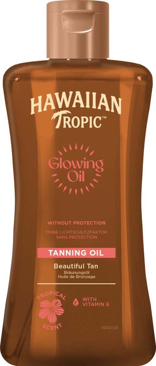 Butelka Hawaiian Tropic Glowing Oil Oil do opalania z tropijnym zapachem i witaminą E, do użytku na zewnątrz.