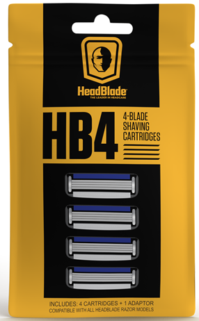 Keltainen ja musta pakka sisältäen neljä partateränsilevyä sinisillä raidoilla ja yhden adapterin. HeadBlade HB4 -logo yläosassa.