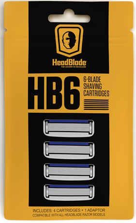 HeadBlade HB6 6-langan parranajisteräkkeäkajupakkauksessa neljä varaosaa ja yksi sovitin.